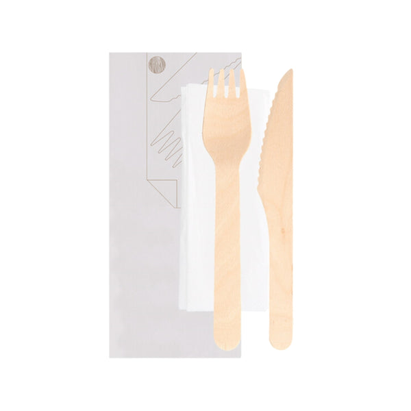 Besteck-Set, Holz, natur, Gabel+Messer+Serviette, 16cm, weiß, 100 Sets