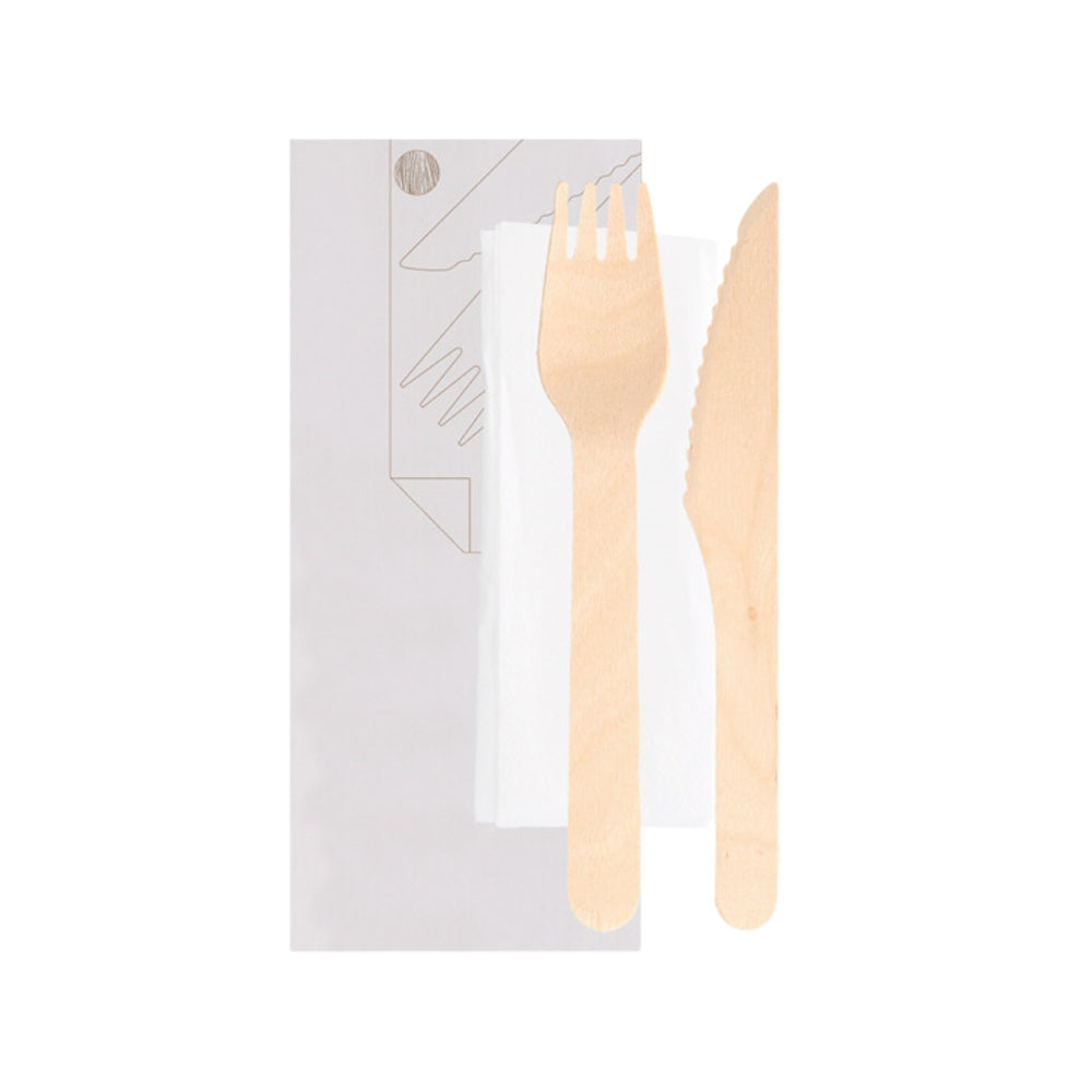 100x Besteck-Sets, Gabel Messer + Serviette, Holz, weißer Umschlag – Packoa