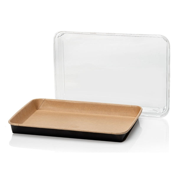 Sushi Schalen XXL, Kraftpapier, 256x182x47mm, schwarz-braun, Kombi inkl. Deckel, 100 Sets