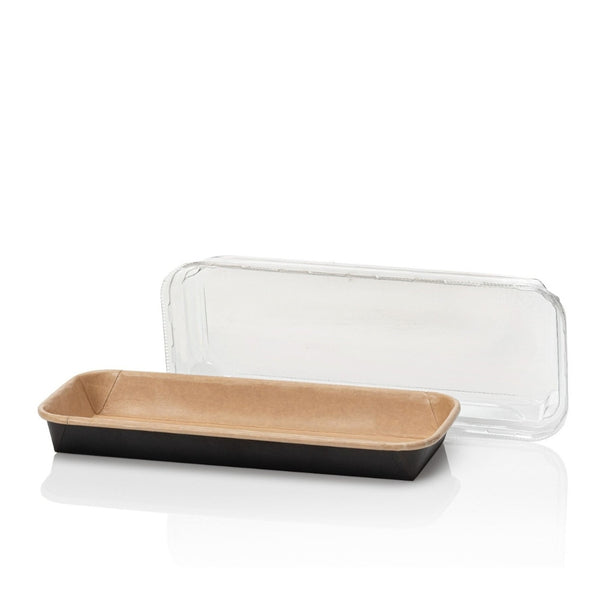 Sushi Schalen LONG, Kraftpapier, 221x91x45mm, schwarz-braun, Kombi inkl. Deckel, 200 Sets