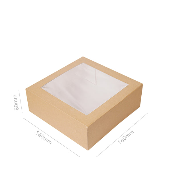 Kuchen Box, 160x160x80mm, Karton, braun, mit Sichtfenster, THE PACK®, 200 Stk.